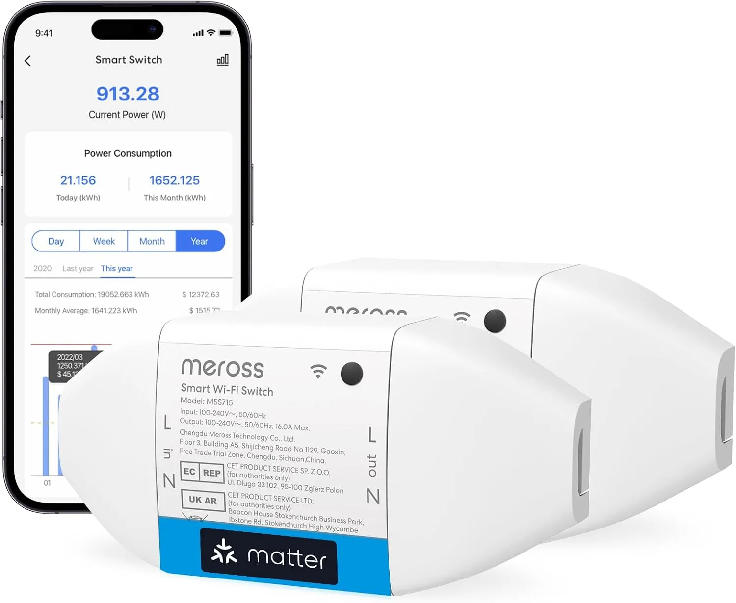 Meross interruptor Matter con medición de consumo